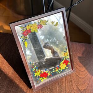 Vintage Yaps Mirror Music Box Love Story MCM Floral No Butterfly Brown Frame